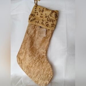 New Christmas Beaded Stocking Gold Color and Gold Thread Hand Stitched